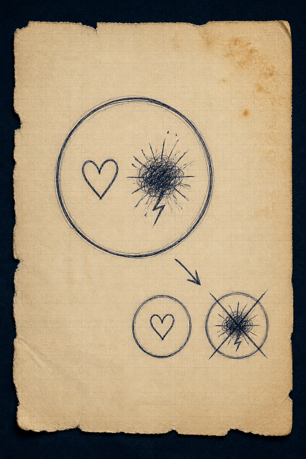 One circle holding both a small heart and a scribbled storm; beside it two separate circles labelled cuteness and anger, anger crossed out — arrow: English kept one half