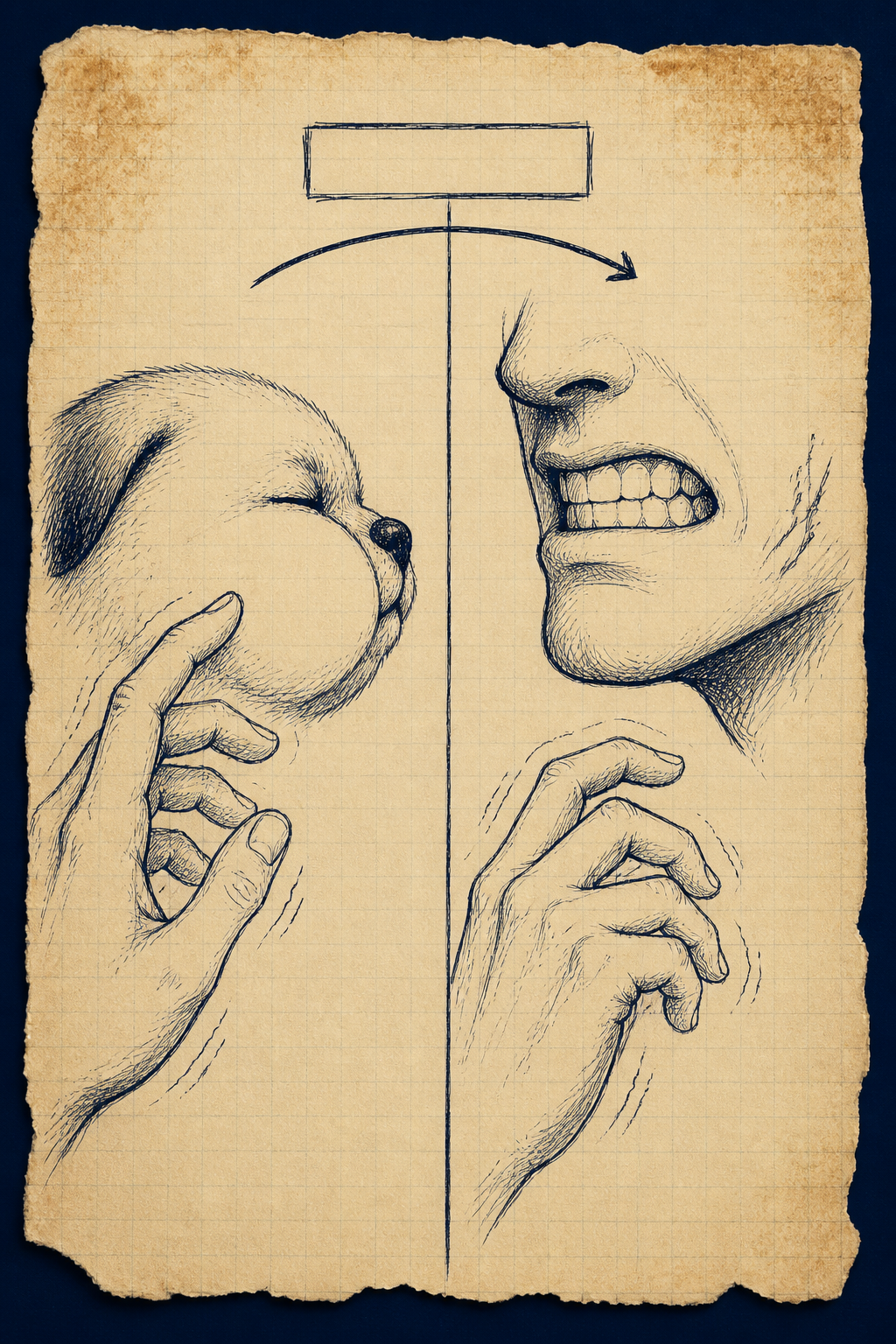 Two scenes: a trembling hand reaching toward a fat puppy's cheek; the same hand and gritted teeth turned from someone speaking — same body, two reasons