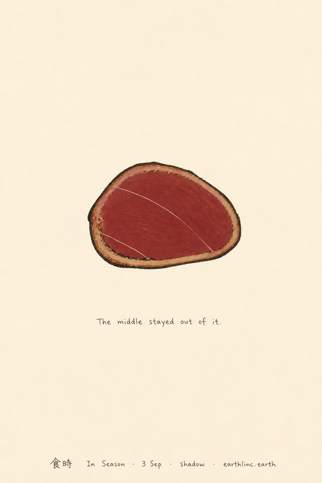 One slice in cross-section, dark seared rim, deep red raw centre