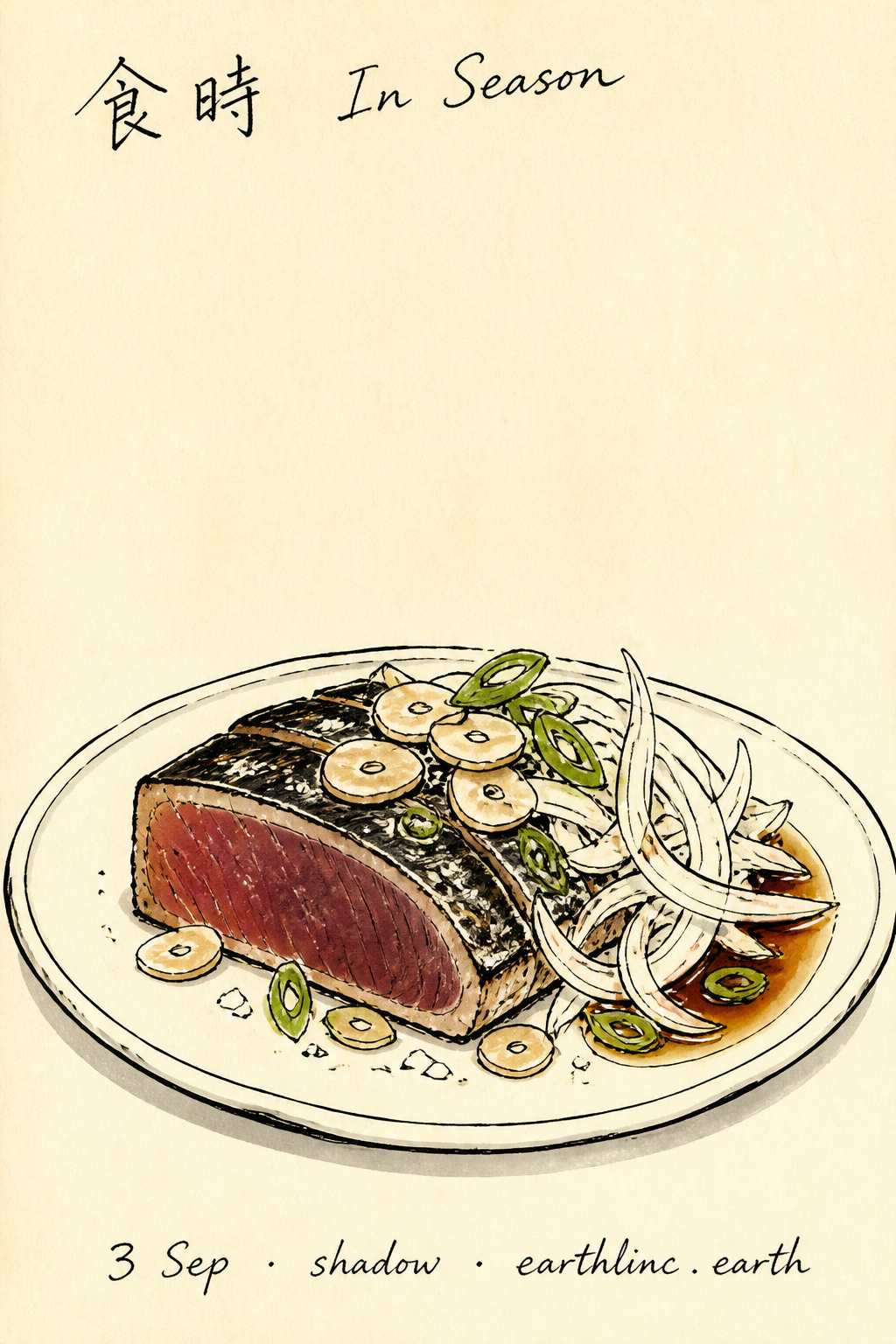 Thick slice of seared bonito on a plain dish — Katsuo no Tataki