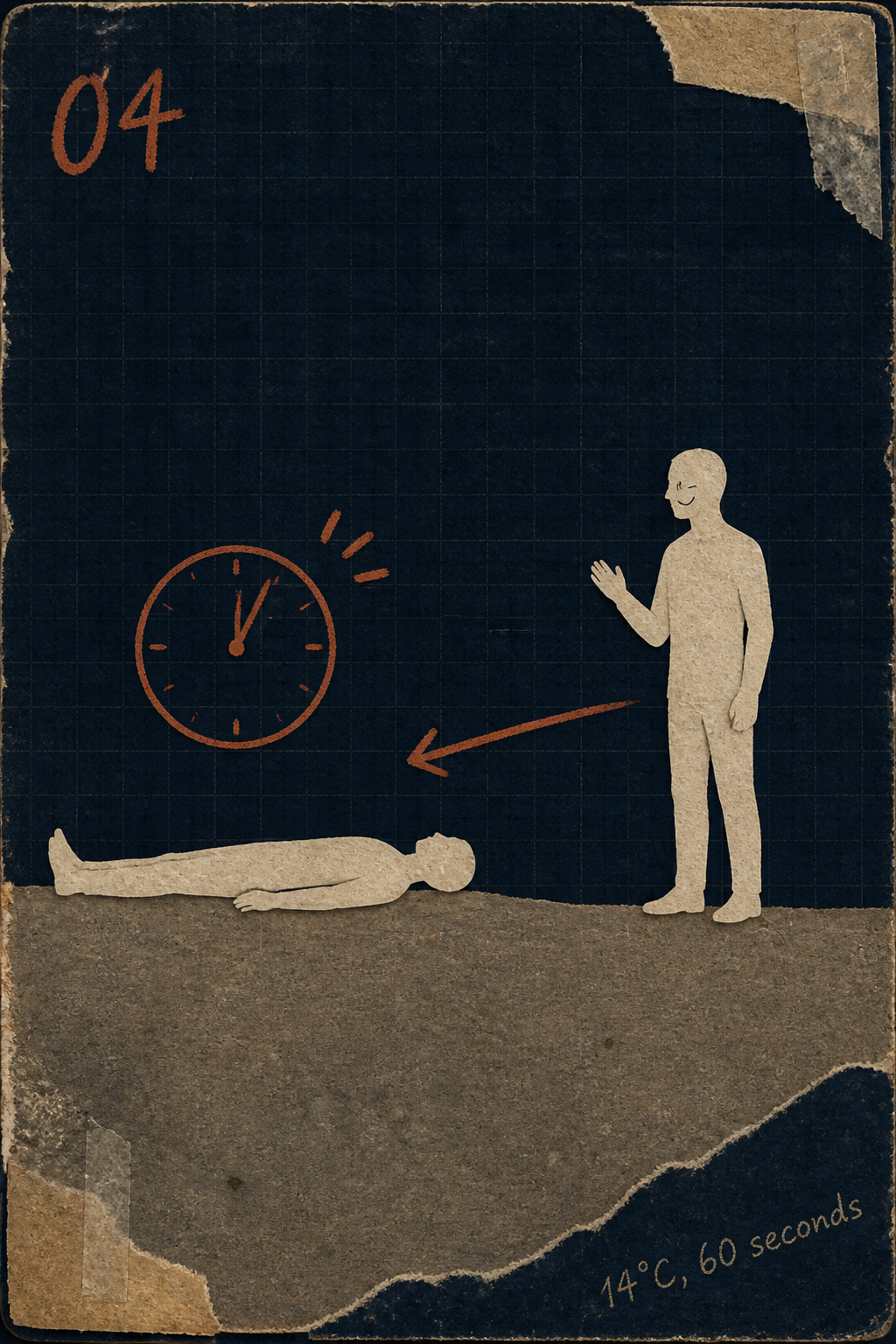 One figure endures three extra minutes on an orange clock; another walks out smiling