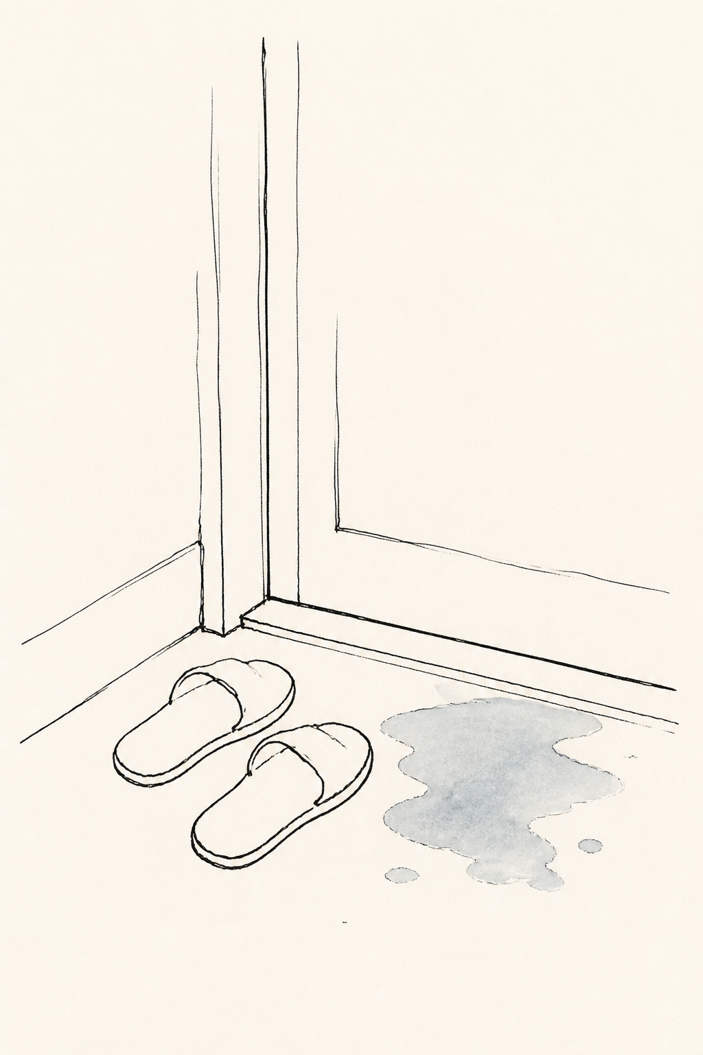 Ink illustration: one pair of slippers by the door, a small puddle beside them