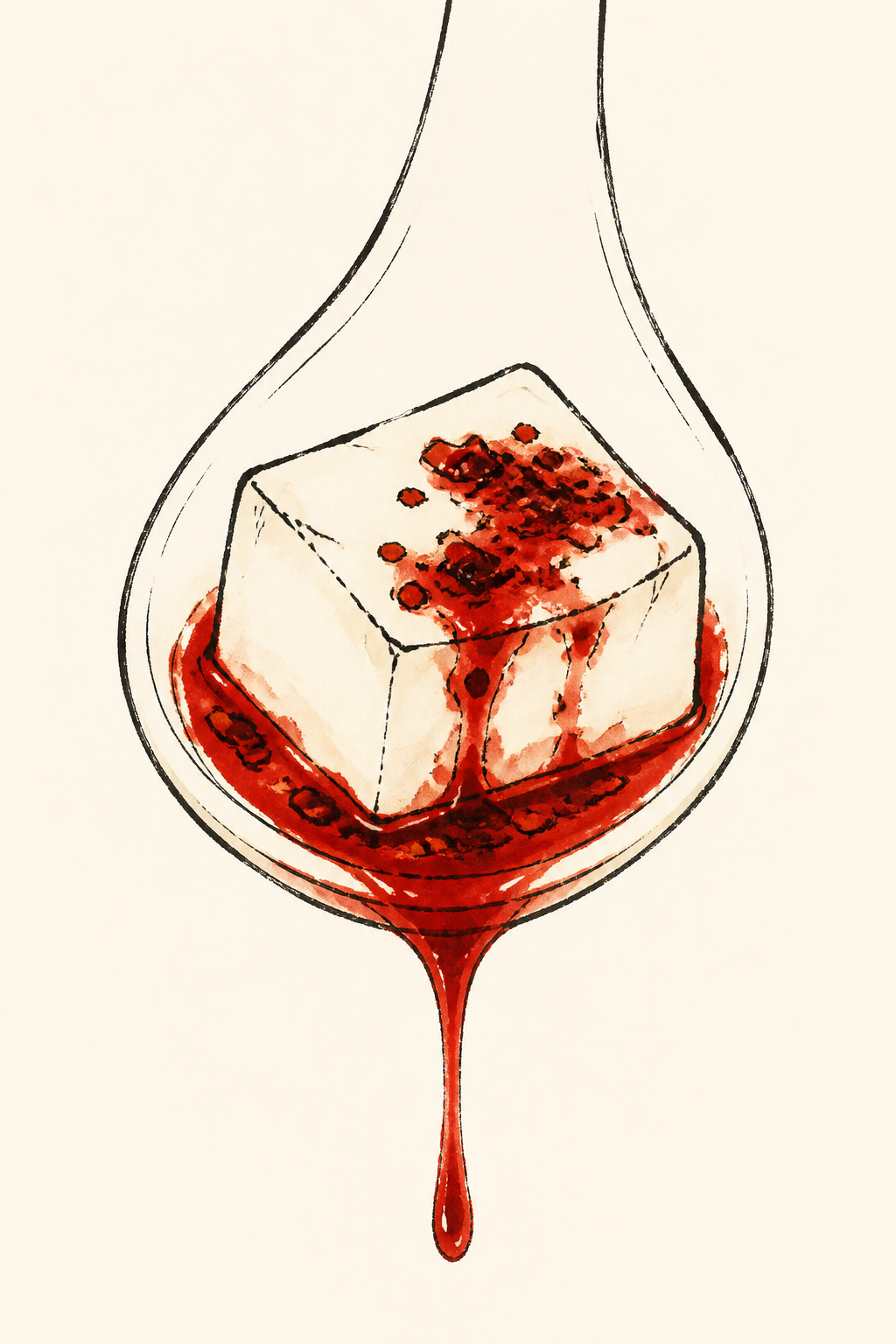 Ink illustration: one spoonful of tofu lifted, red oil running off the edge