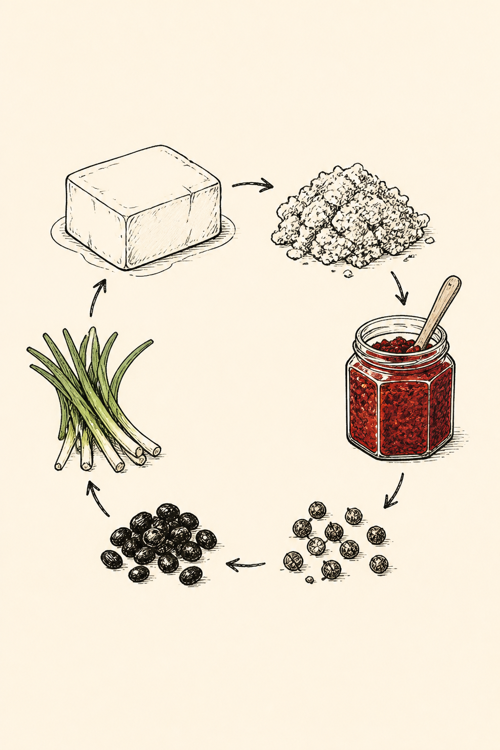 Ink illustration: six ingredient doodles with wobbly arrows — silken tofu, minced beef, doubanjiang, Sichuan peppercorn, douchi, garlic shoots