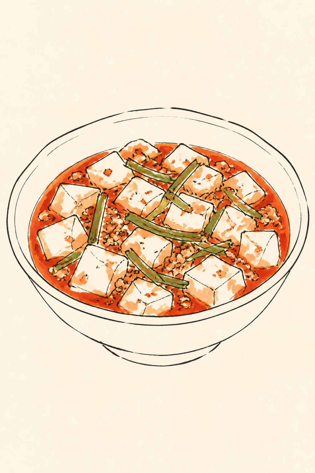 Ink illustration: a bowl of mapo tofu, red oil on top, green garlic shoots