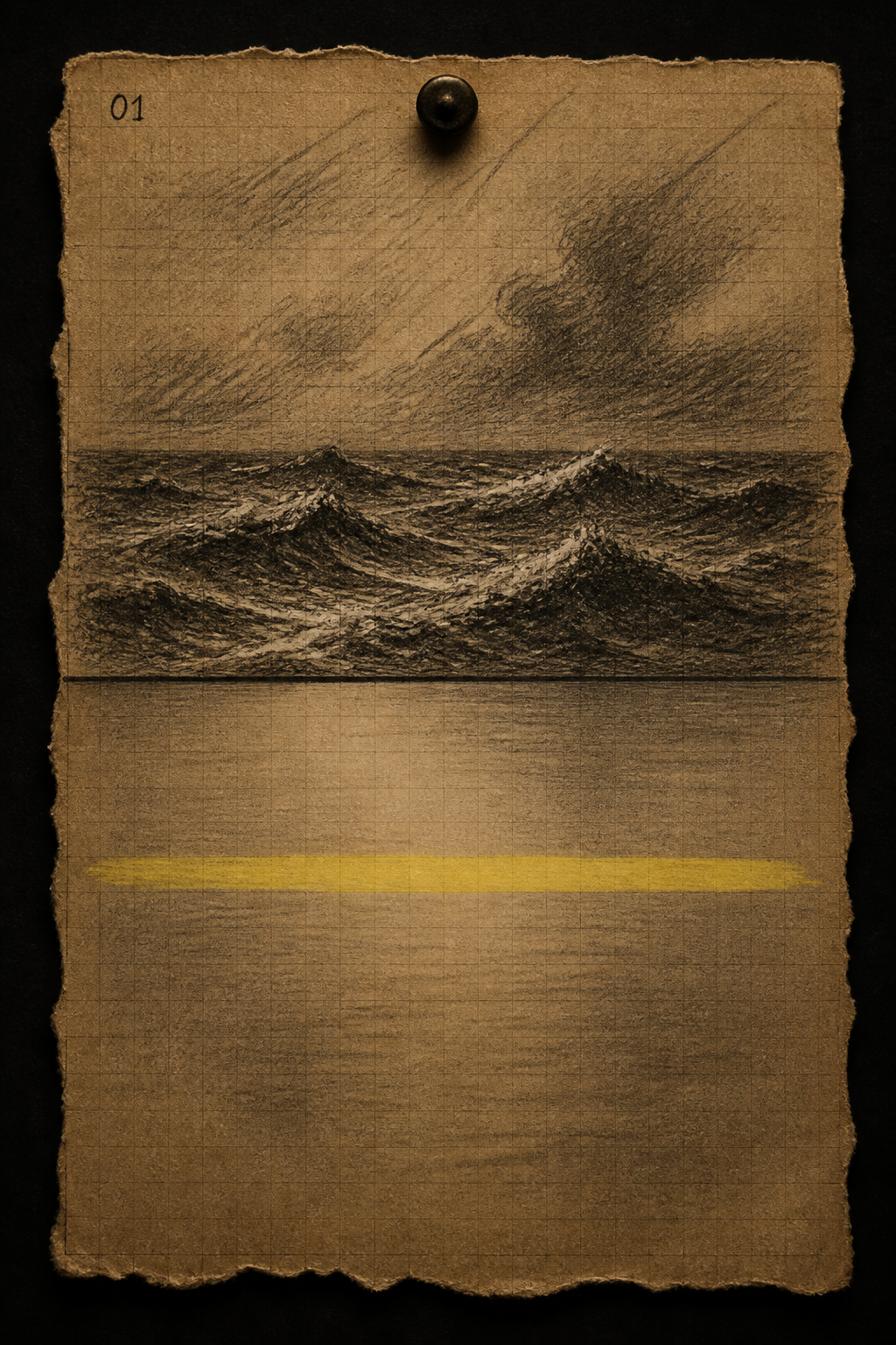 Choppy sea above a ruled waterline, flat below — The Practice, Ataraxia