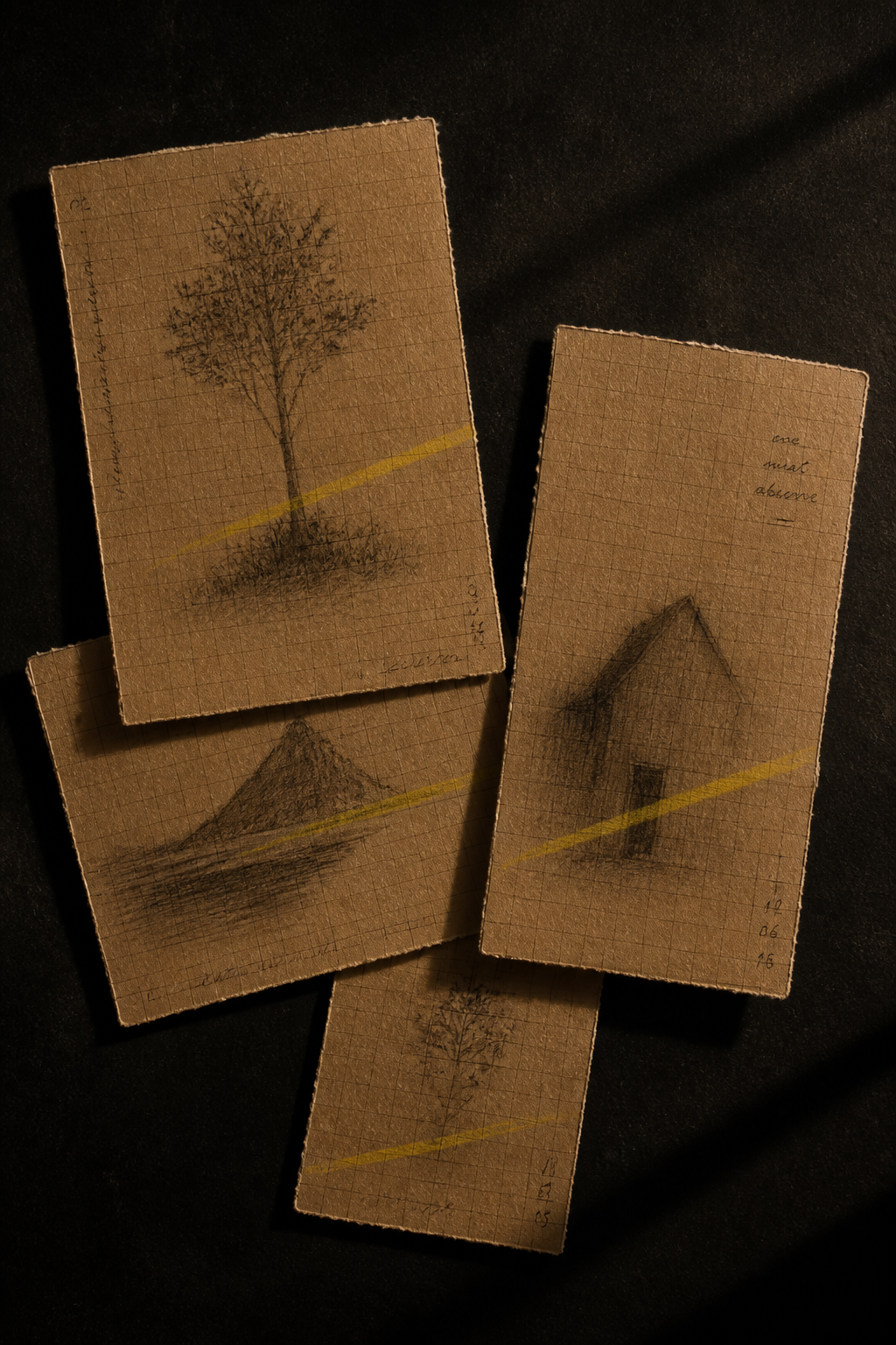 Scrapbook spread — four kraft cards, charcoal ink, the concept of Ataraxia laid out like found objects