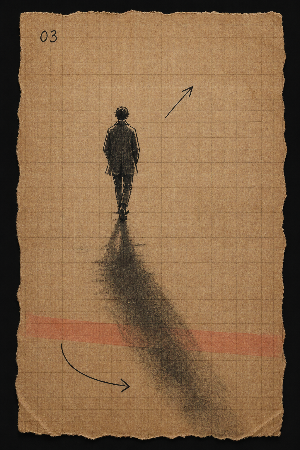 Walking figure, long shadow behind, one arrow reaching forward into nothing — it comes behind you or not at all