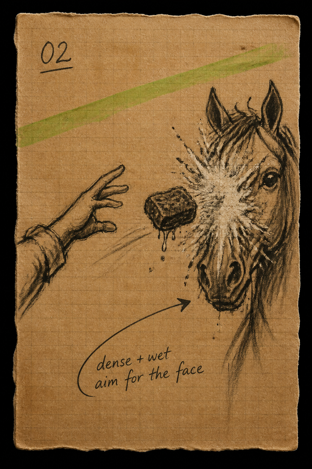 Hand throwing a sponge at a half-finished horse painting — he had stopped trying