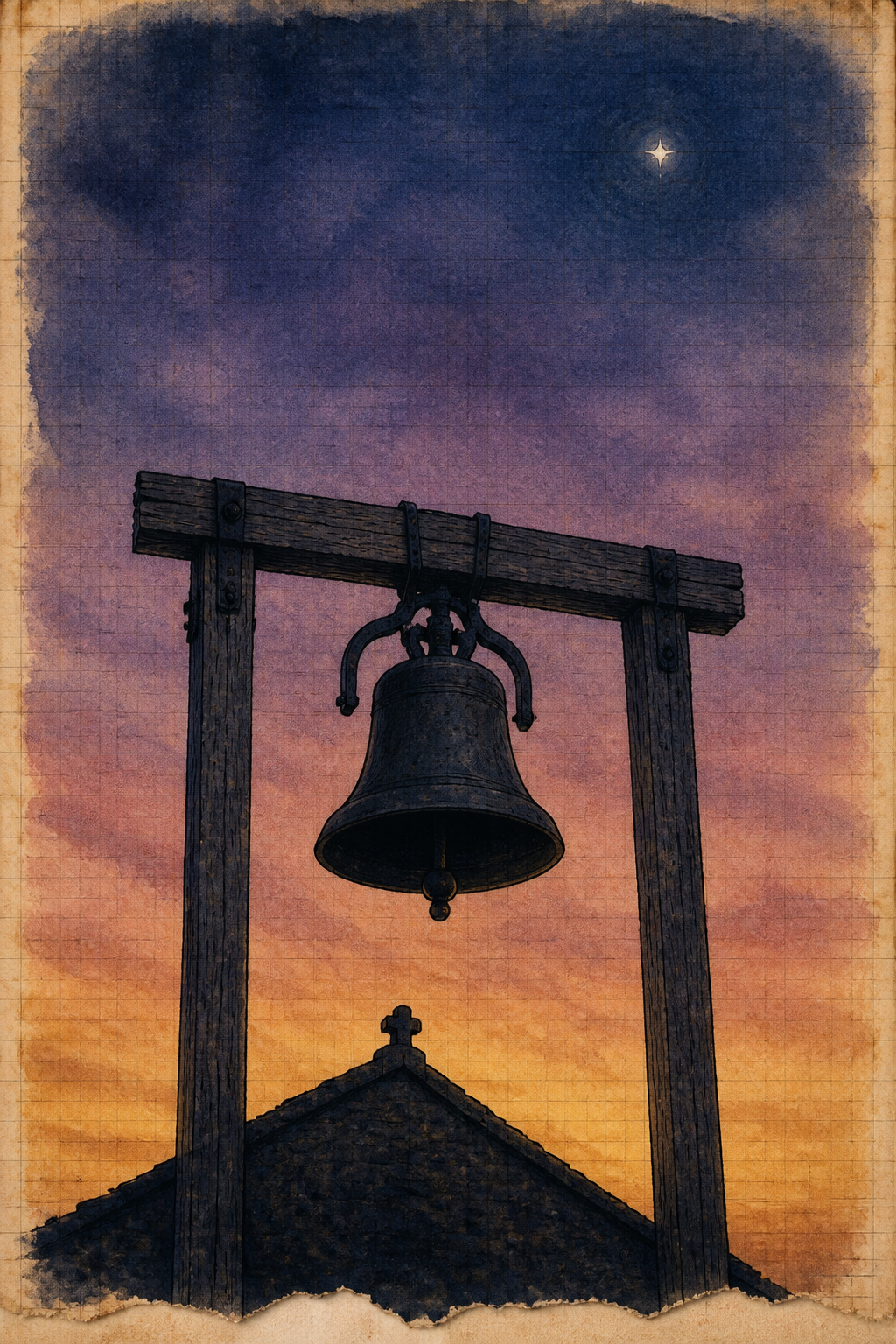 Small church bell against a dusk sky, one star