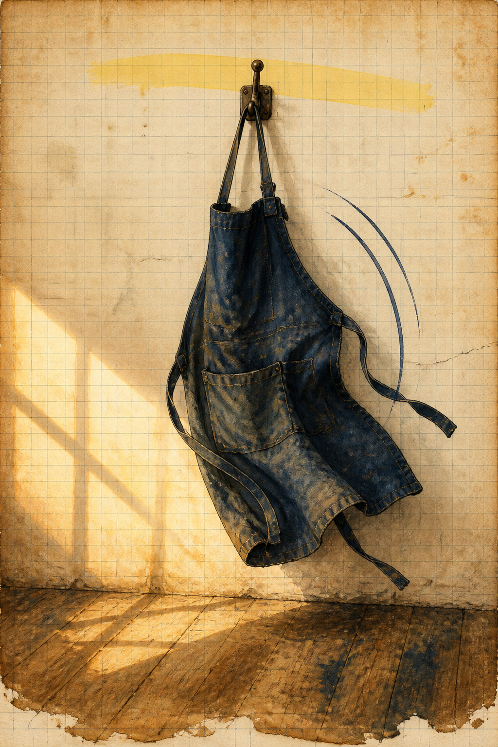 A work apron hung on a wall hook, still swinging