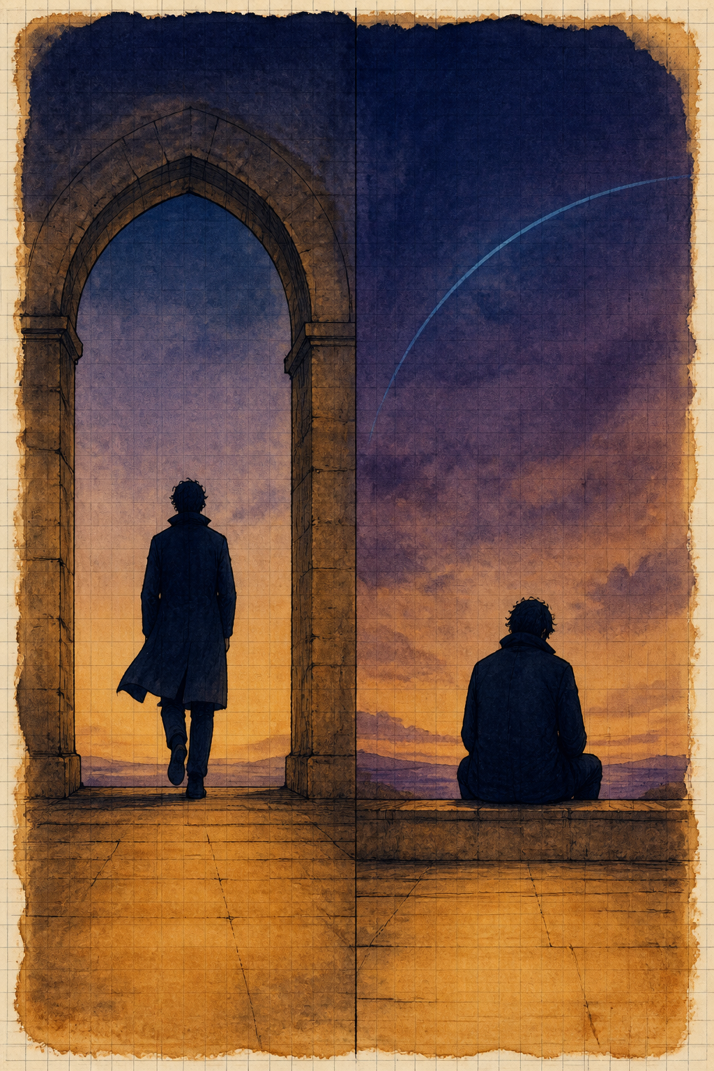 Two scenes: figure stepping out gateway, and same figure sitting still, shoulders down