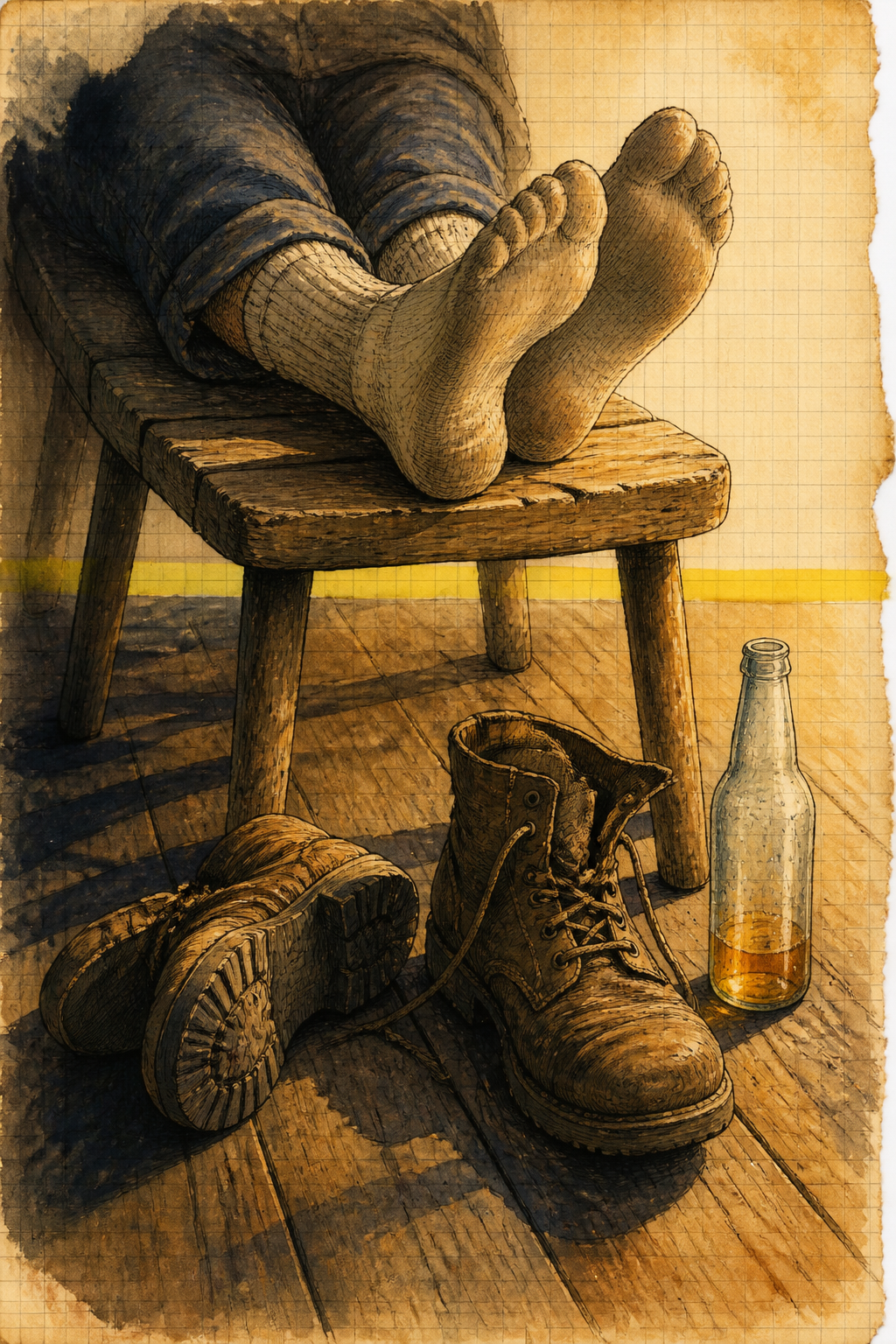 Boots kicked off, feet up on a stool, cold bottle beside them