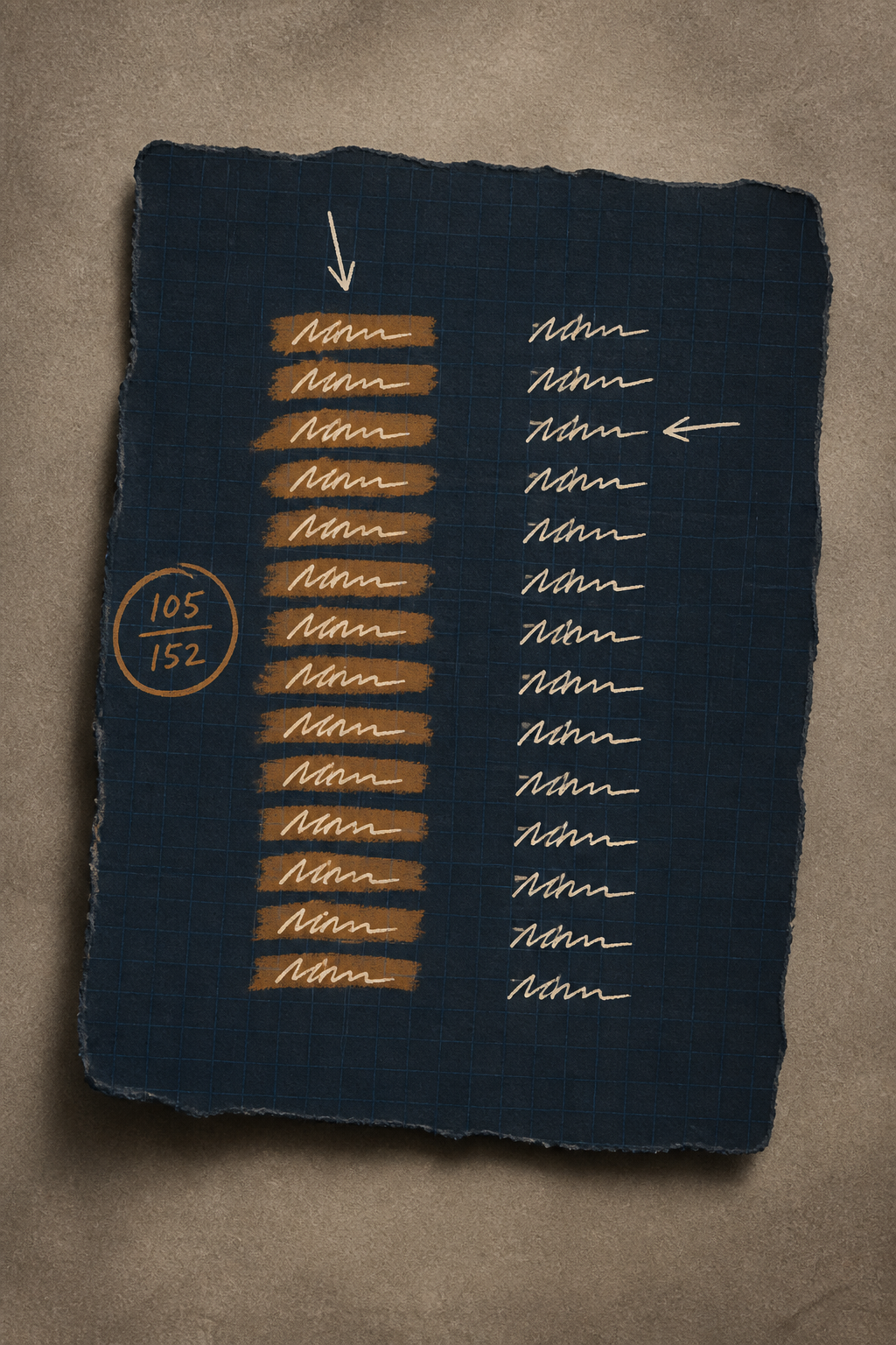 Two hand-lettered columns: K at start vs K in third place — 105 of 152 chose first