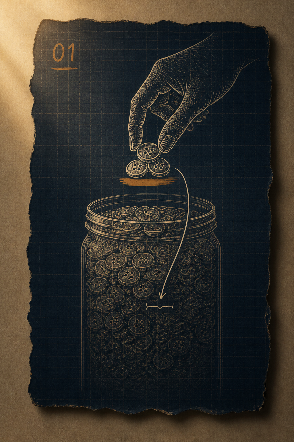A hand lifting three buttons from the top of a full jar — the sample that shapes the verdict