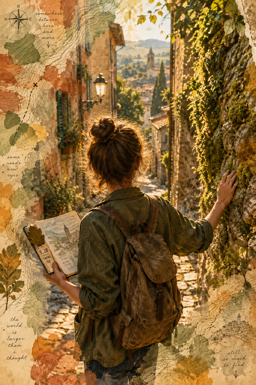 A young explorer looking out across an unfamiliar landscape, notebook in hand.
