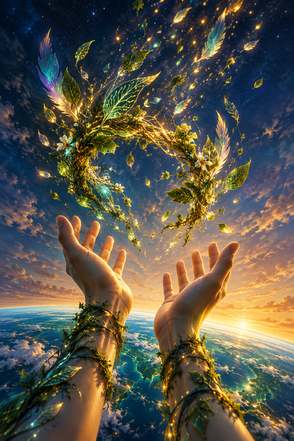 A young person's hands releasing a crown of bioluminescent natural elements into an open sky