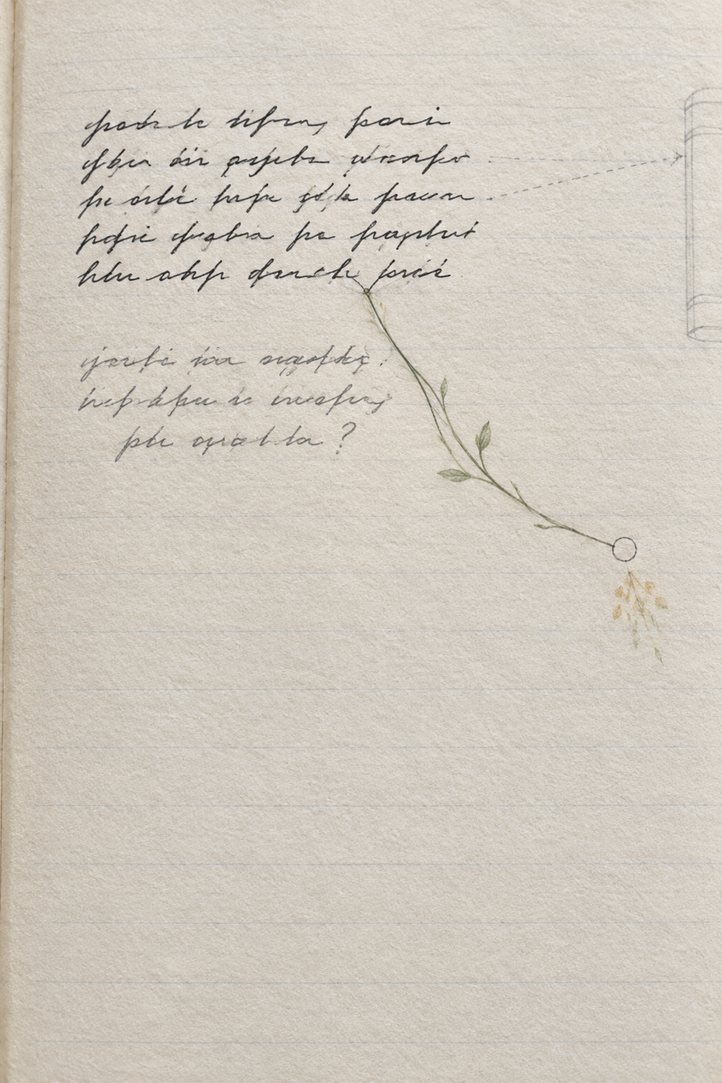 Close-up of a single handwritten margin note with a faint pencil branch growing out of it