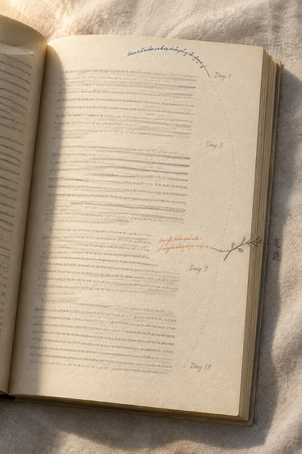 An open book on a desk, its margins filling with handwritten notes and faint pencil branches