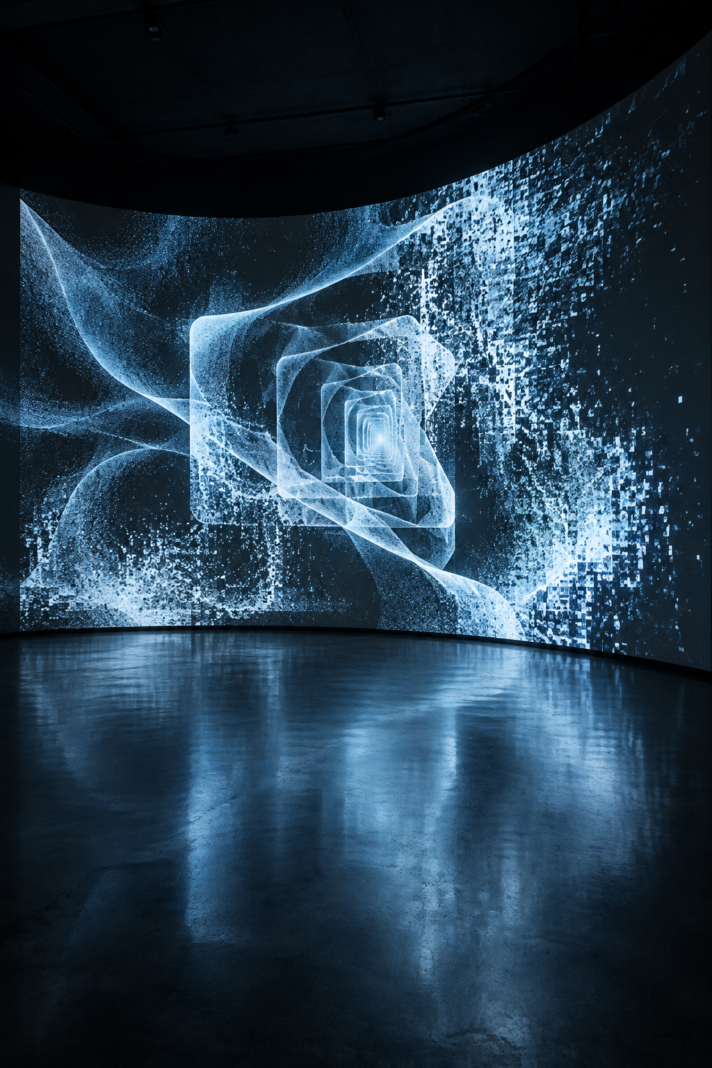 A dim room containing a single luminous digital surface, its edges dissolving into the architecture.