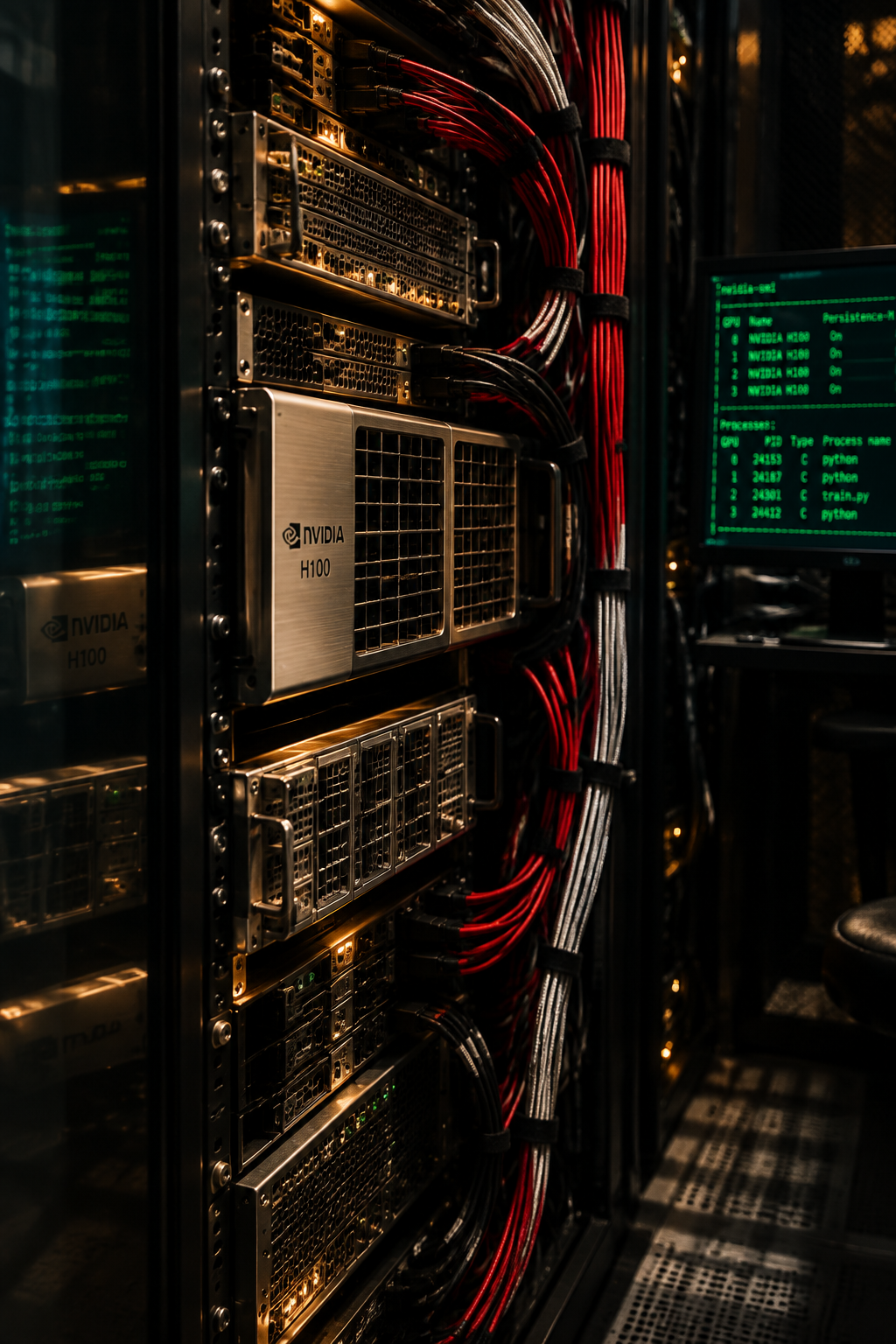 Close view of a luminous display surface: pixel structure, cabling and mounting hardware visible beneath the image.