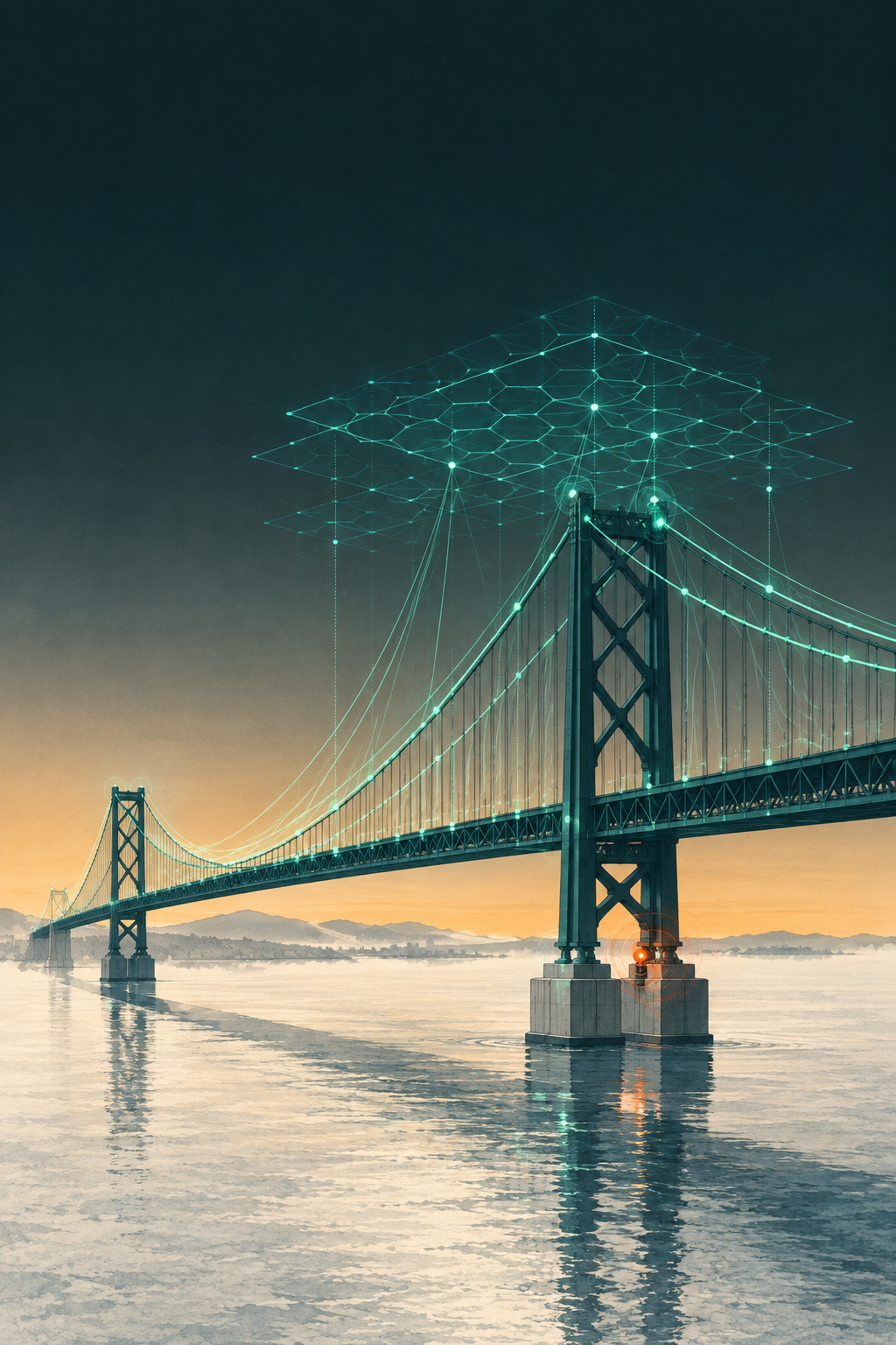 A long-span bridge at dusk, overlaid with survey geometry and sensor data