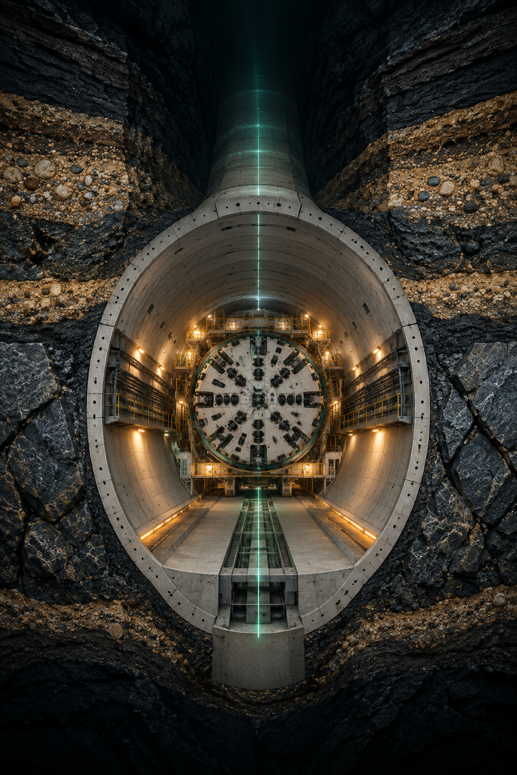 Cutaway visualization of a lined underground tunnel corridor with a shield machine along the alignment