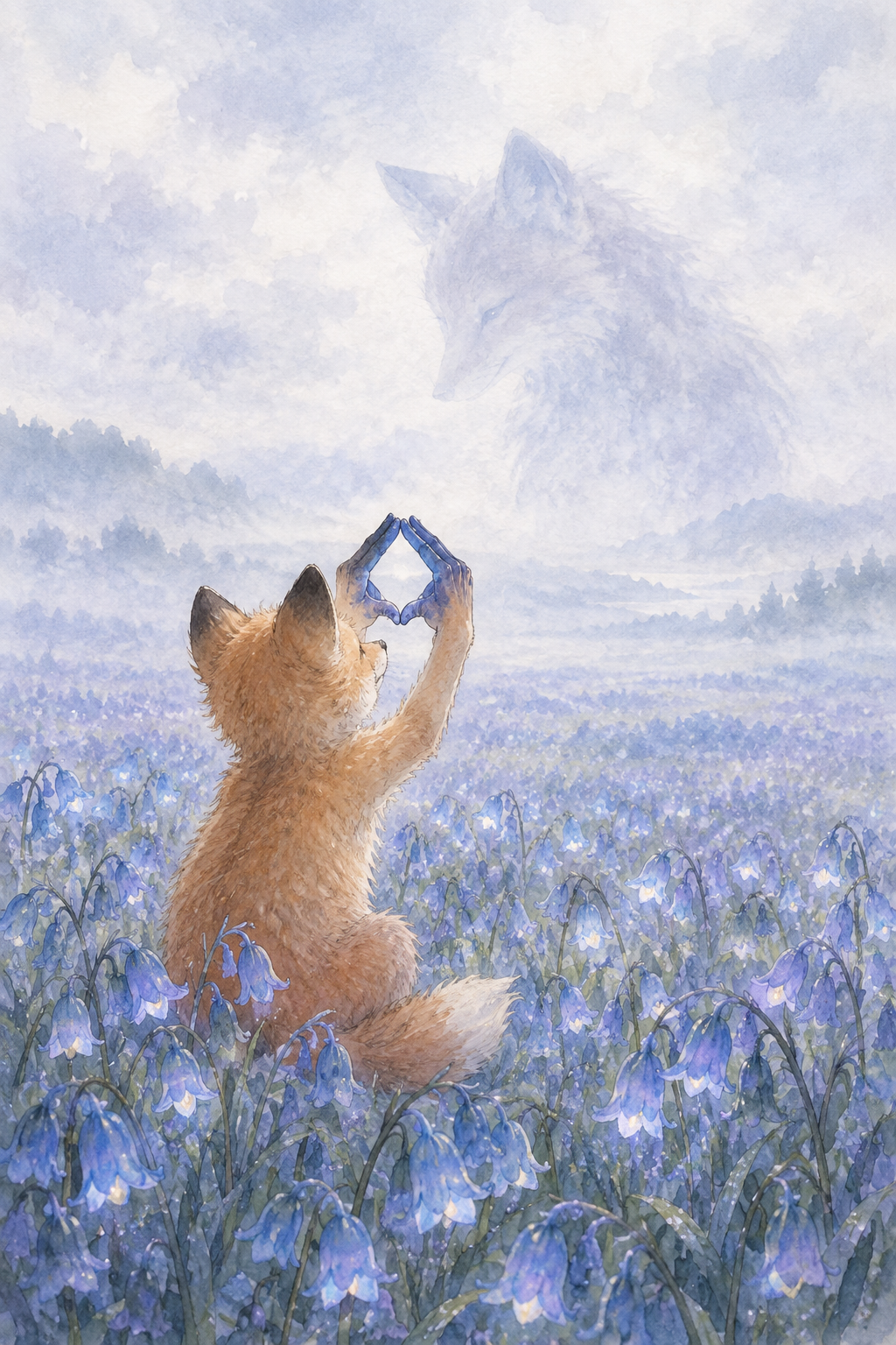 A small fox sits among blue bellflowers, forming a diamond window with its paws, through which the gentle ghost of its mother is faintly visible — soft watercolor illustration