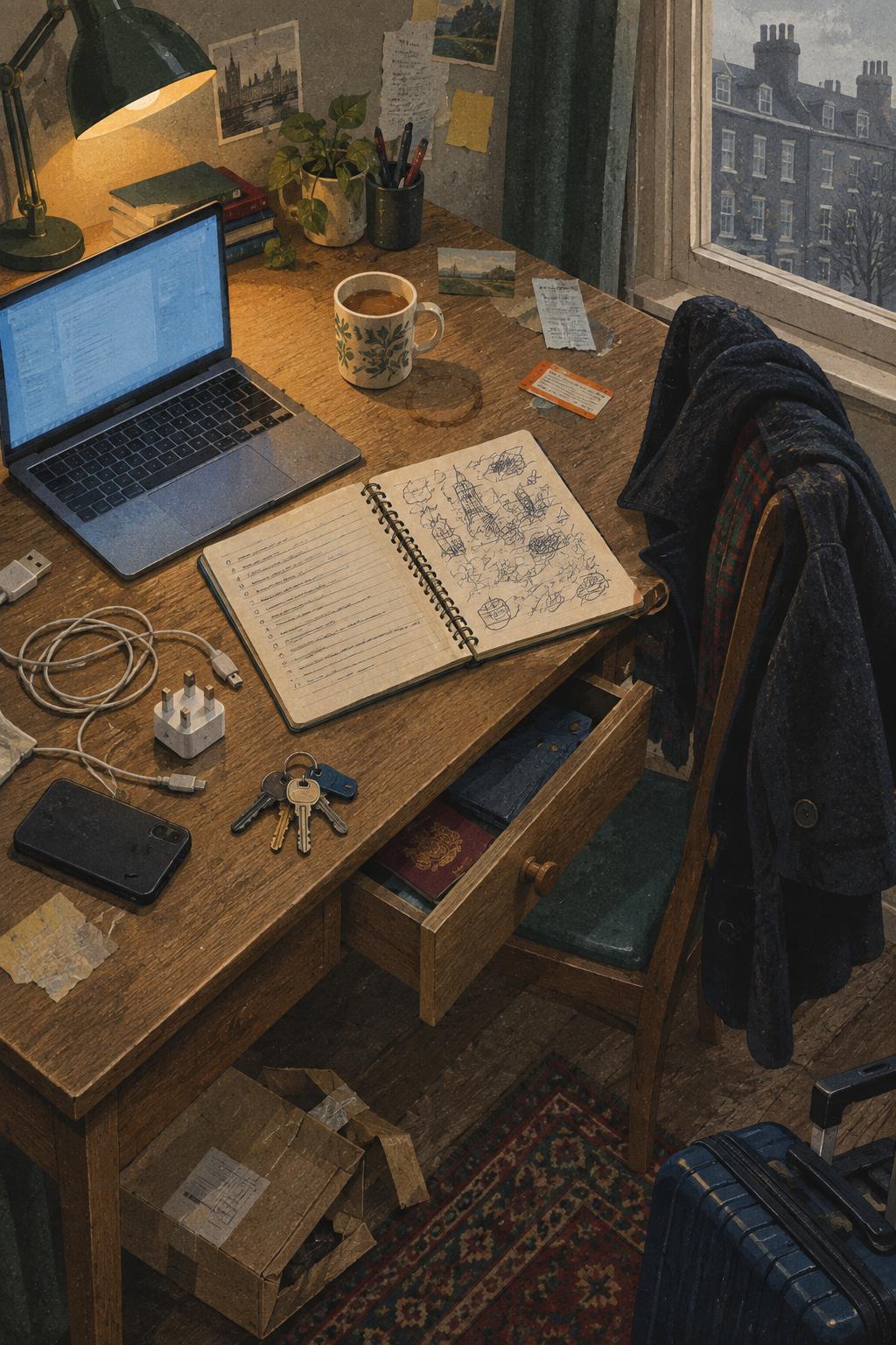 A lived-in student desk — warm clutter in grey English light