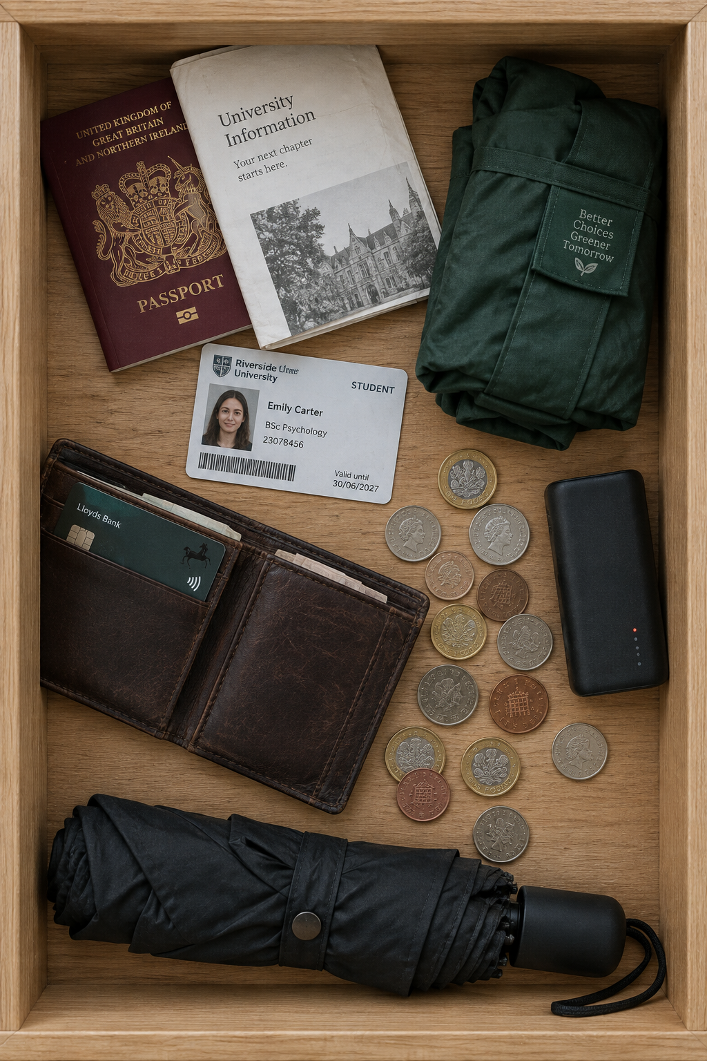 Looking straight down into an open desk drawer of small everyday things