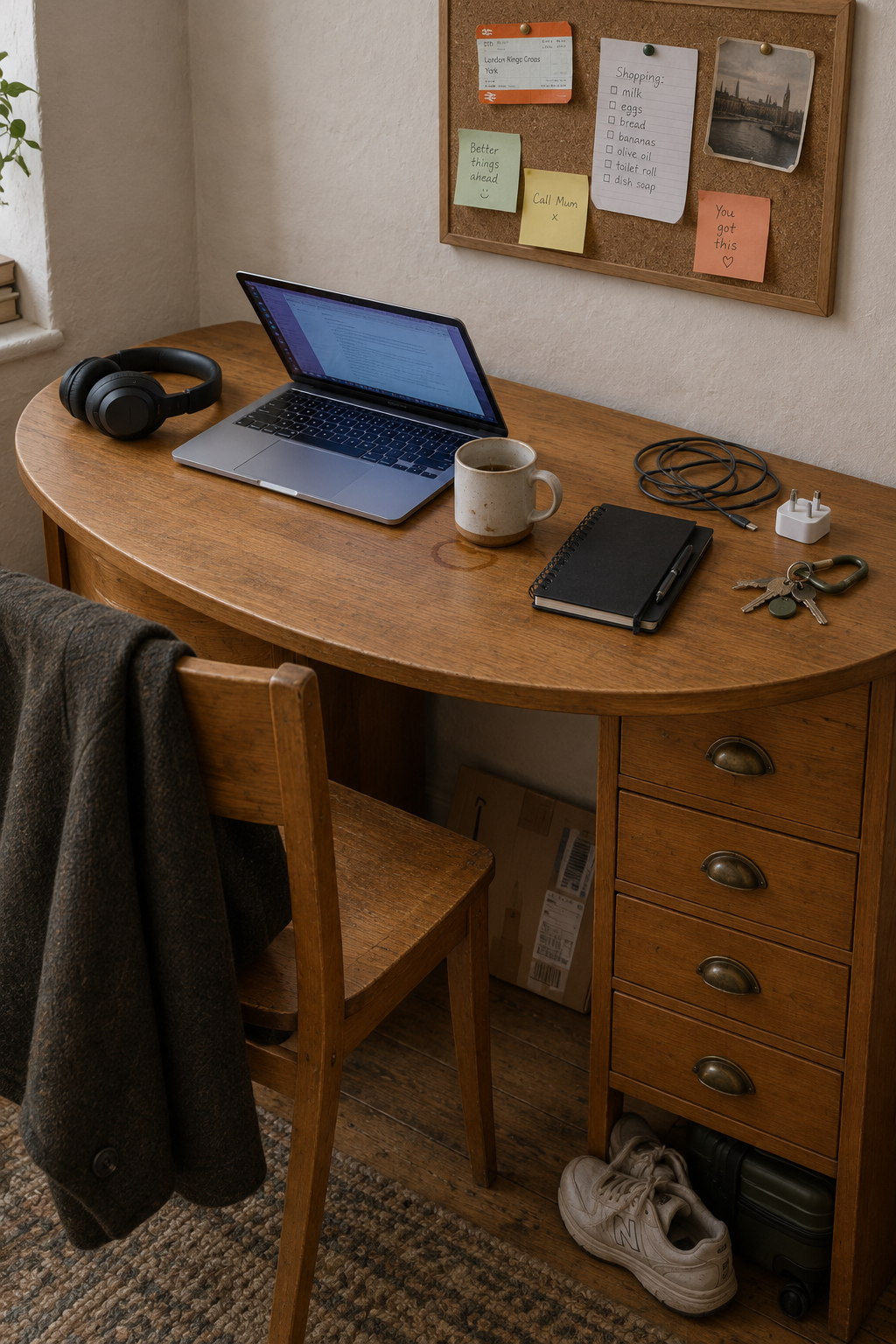 A half-round desk against a wall in a small UK student room, lit by afternoon light