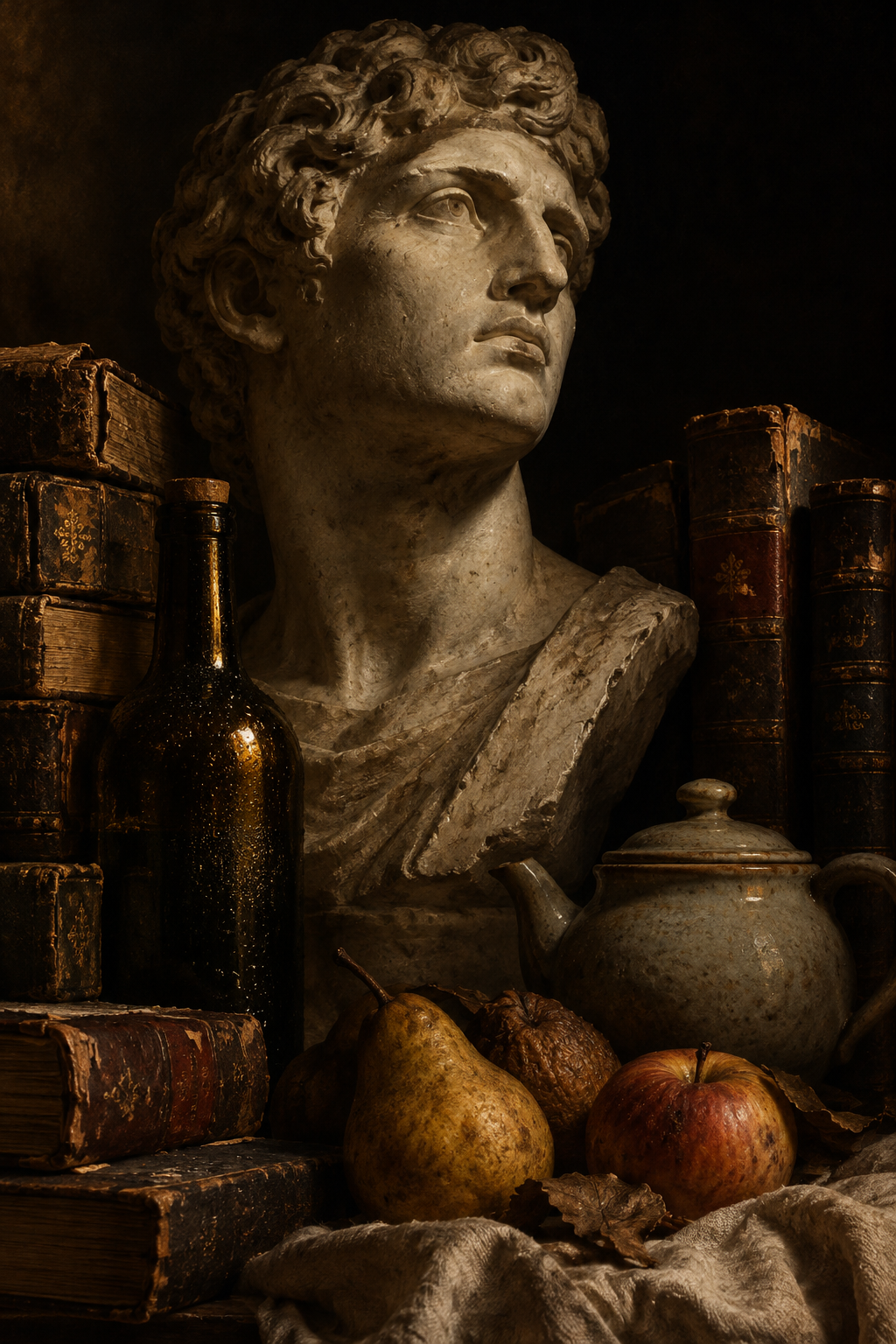 A painterly still life scene — candlelit chiaroscuro atmosphere evoking accumulated quiet wisdom