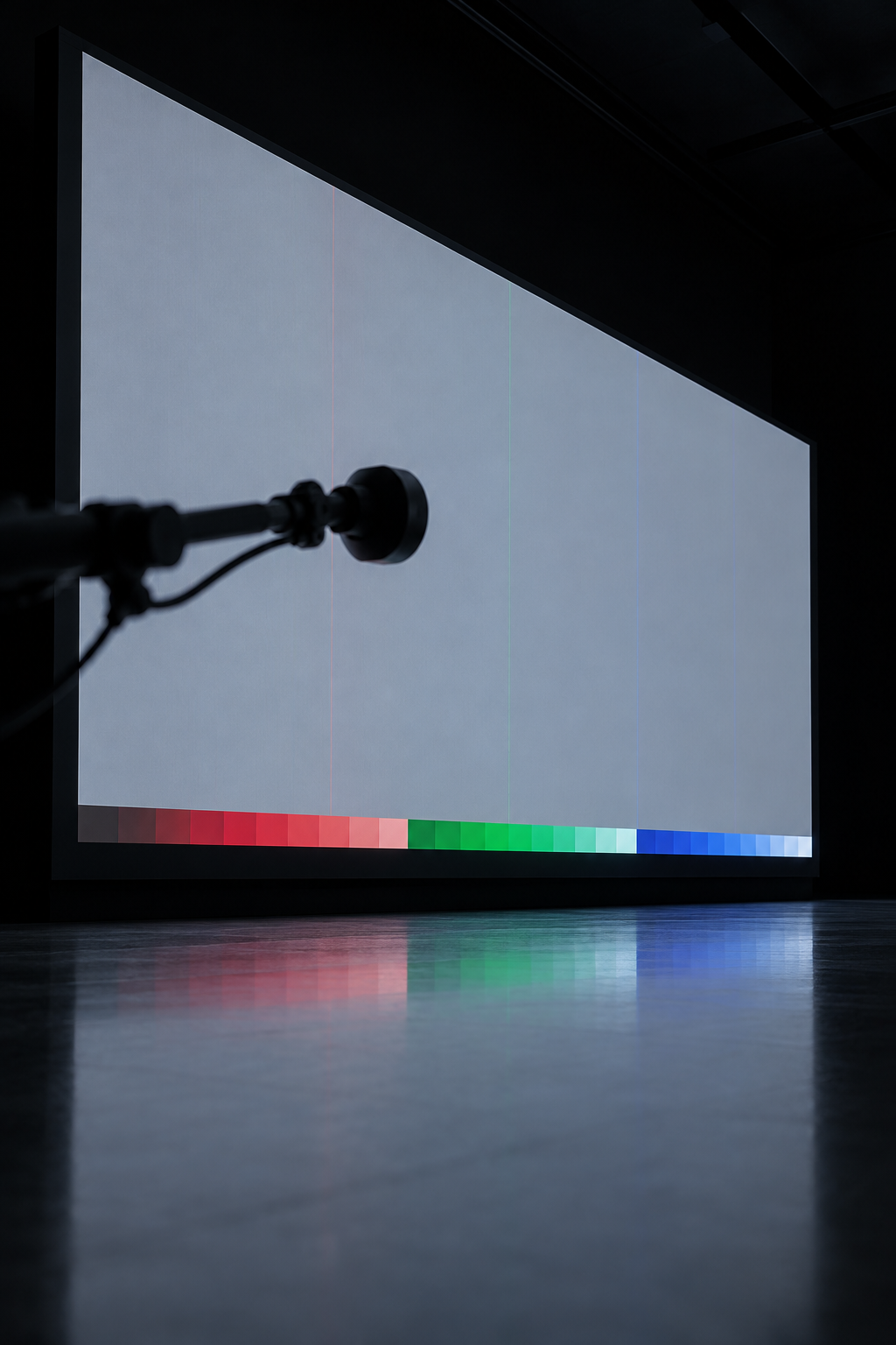 A luminous LED reference monitor glowing in a pitch-black grading suite