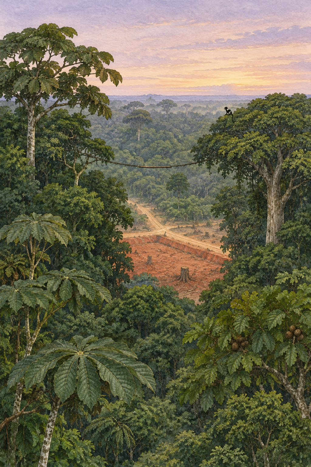 亞馬遜森林樹冠遠景示意插畫 / Illustrated wide view of the forest canopy